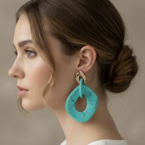 Alloy & Acrylic Inlaid Crystal Earrings, Durable Earrings, Turquoise & Gold Meta
